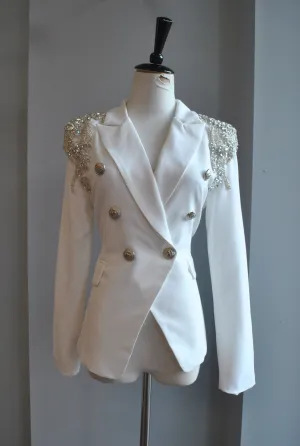 BLACK DOUBLE BREASTED BLAZER WITH DIAMOND DETAILS
