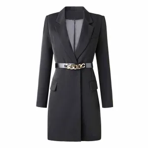 Black Long Sleeve Blazer Dress With Belt Gold Buttons