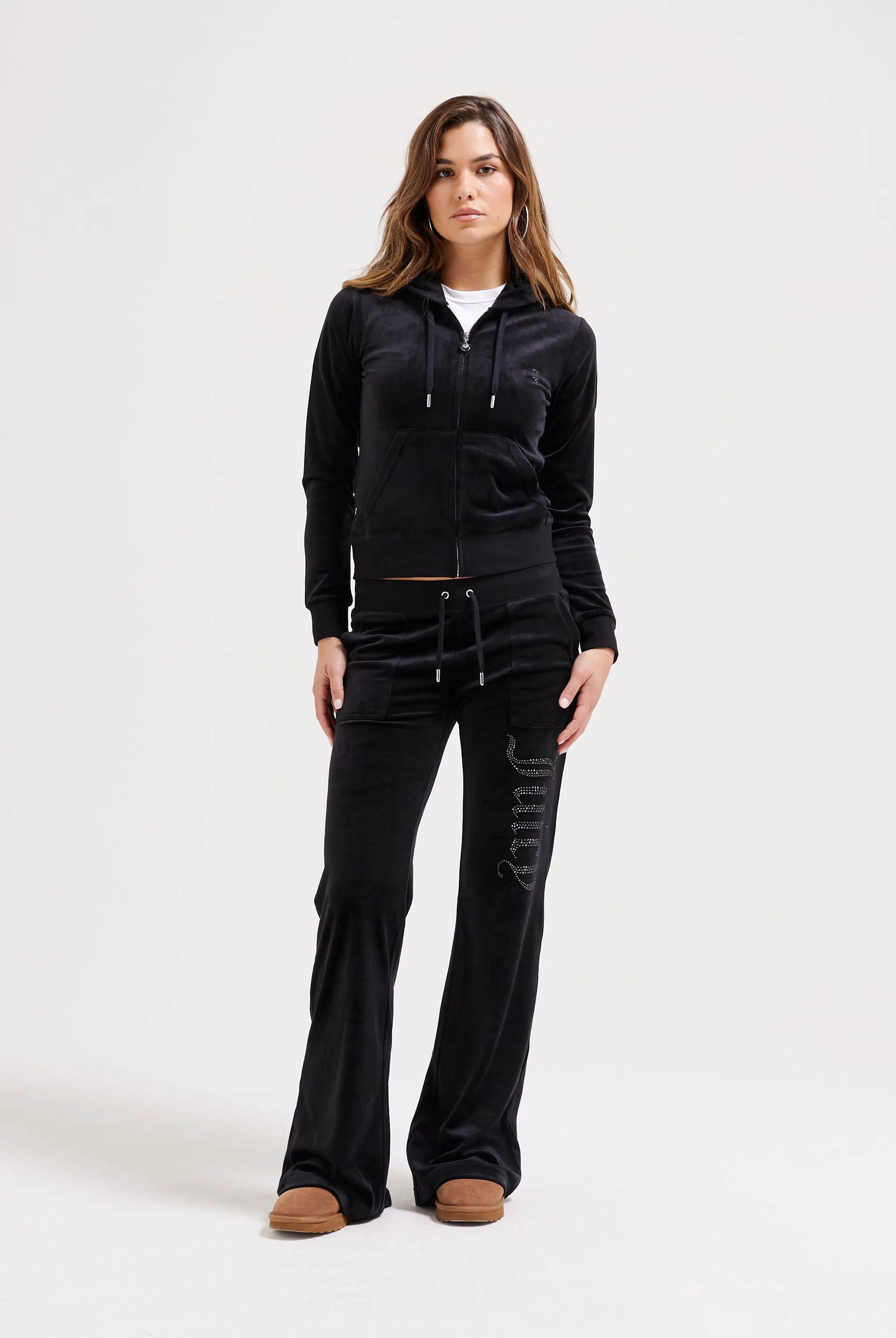 BLACK LOW RISE JEWELLED CLASSIC VELOUR TRACK PANT