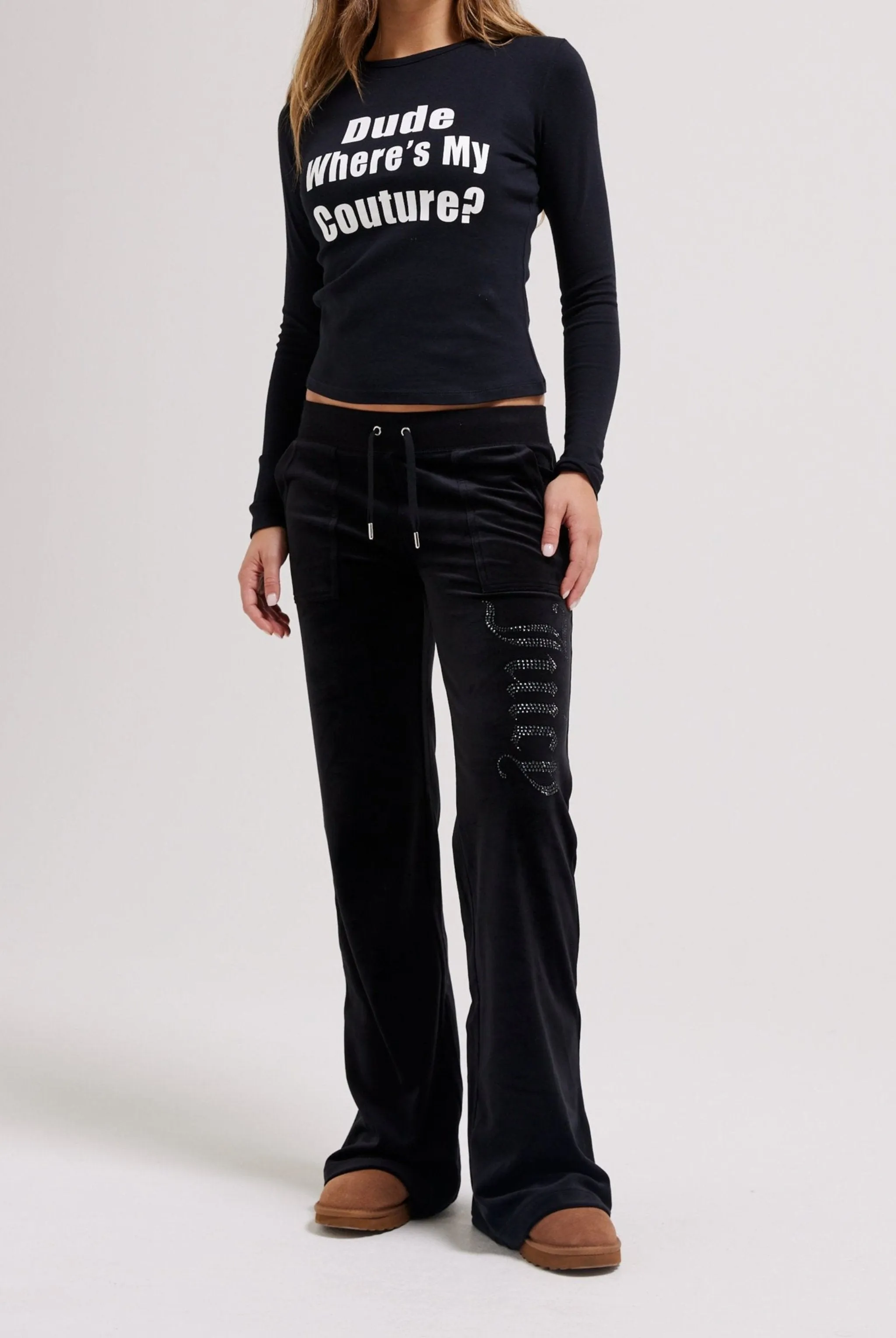 BLACK LOW RISE JEWELLED CLASSIC VELOUR TRACK PANT
