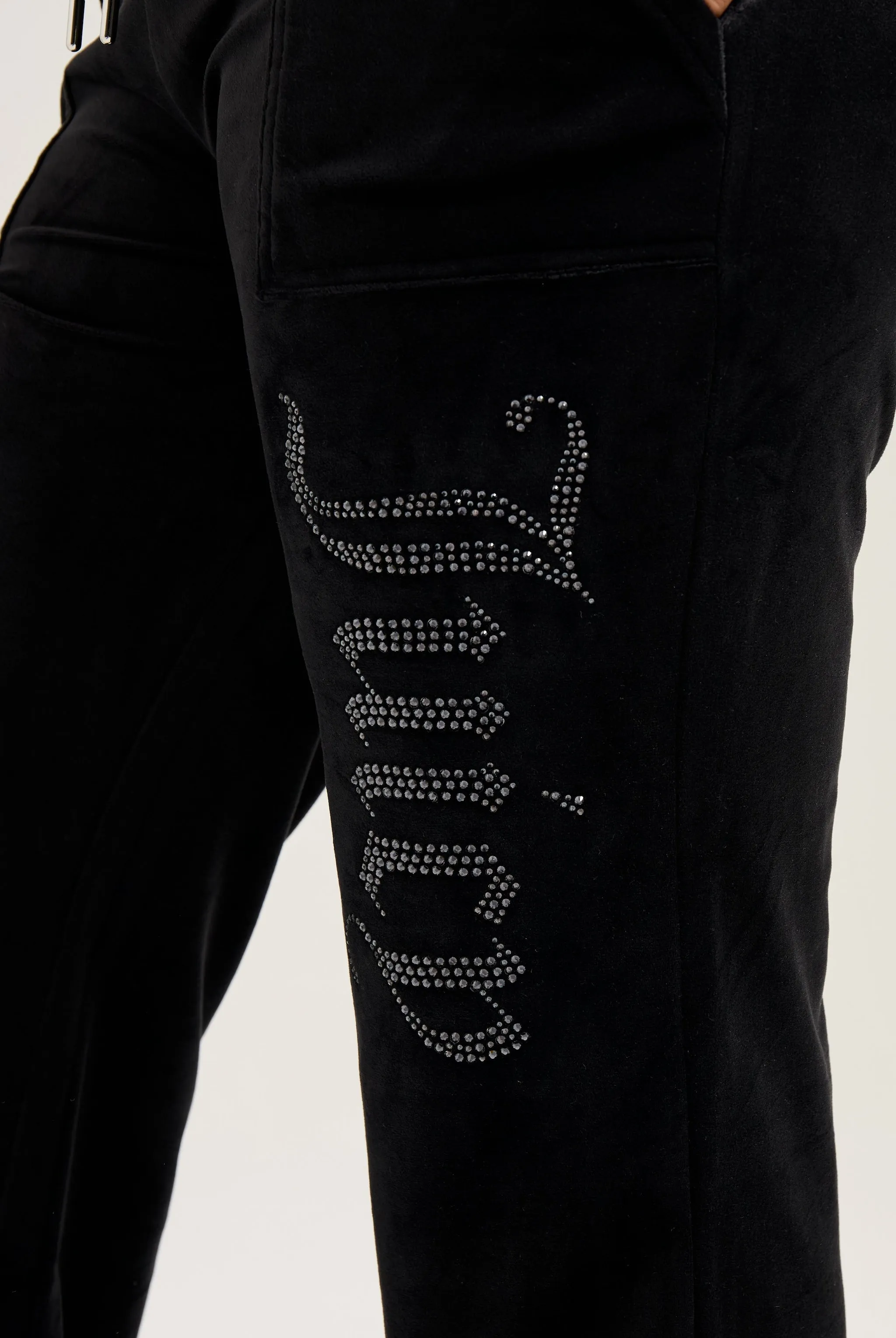 BLACK LOW RISE JEWELLED CLASSIC VELOUR TRACK PANT