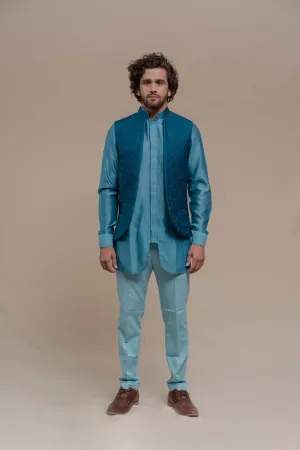 BLUE HANDQUILTED SILK HALF JACKET