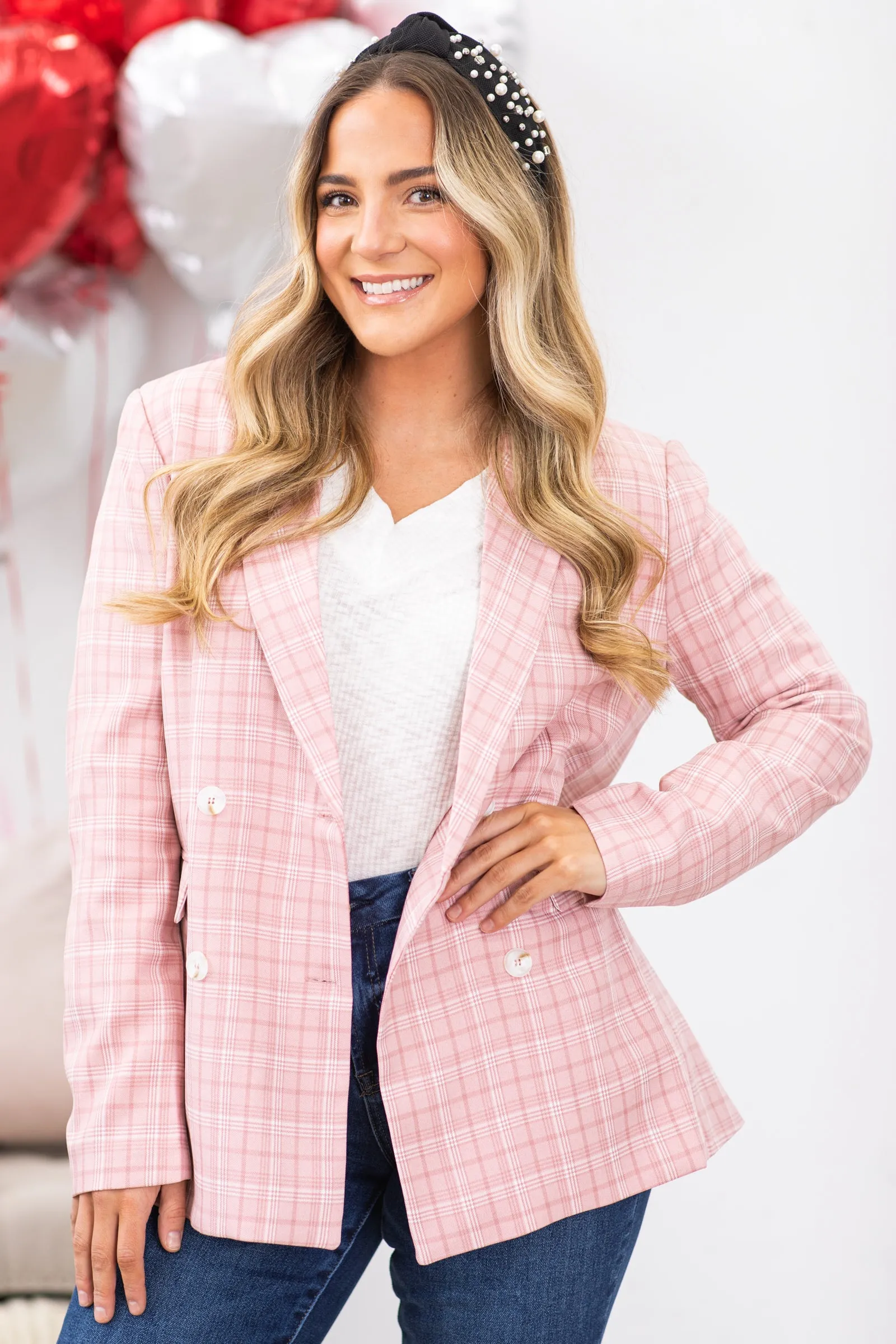 Blush Plaid Buttoned Lapeled Blazer