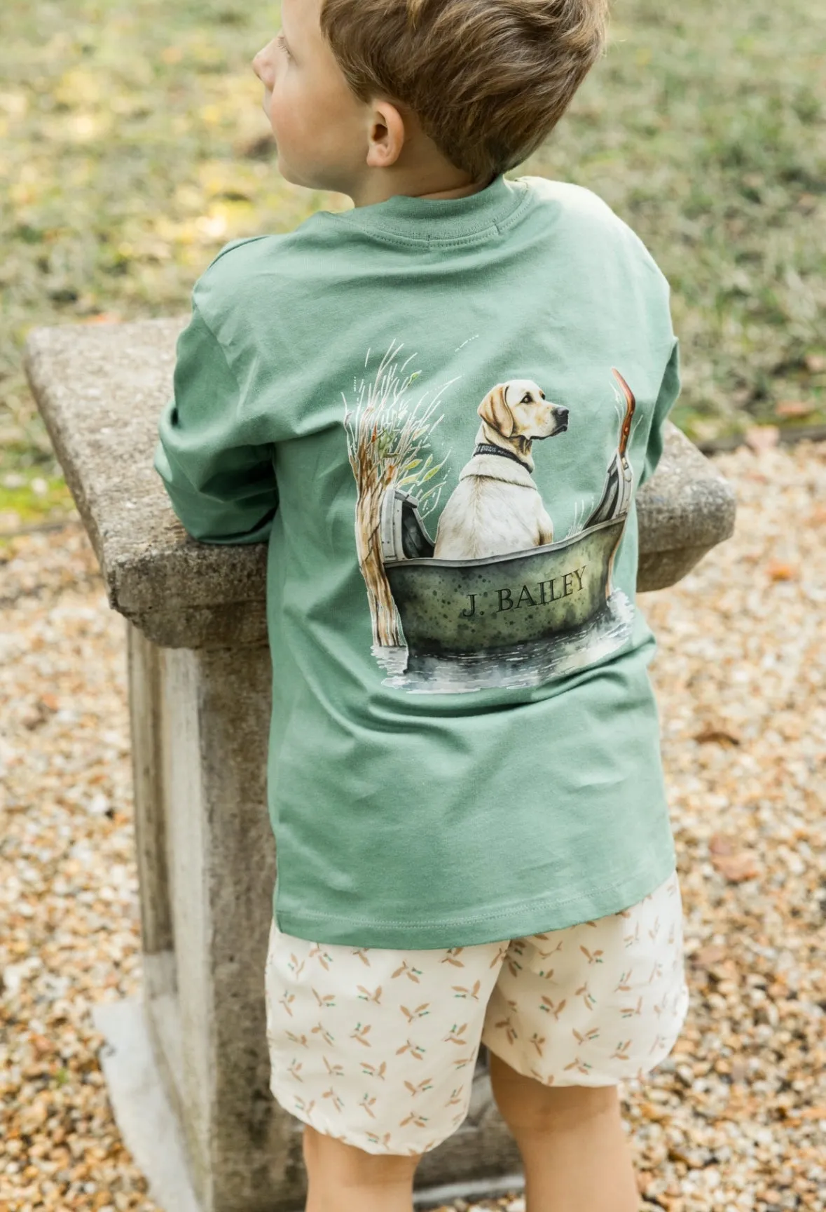 Boys Long Sleeve Logo Tee - Dog in Boat on Green