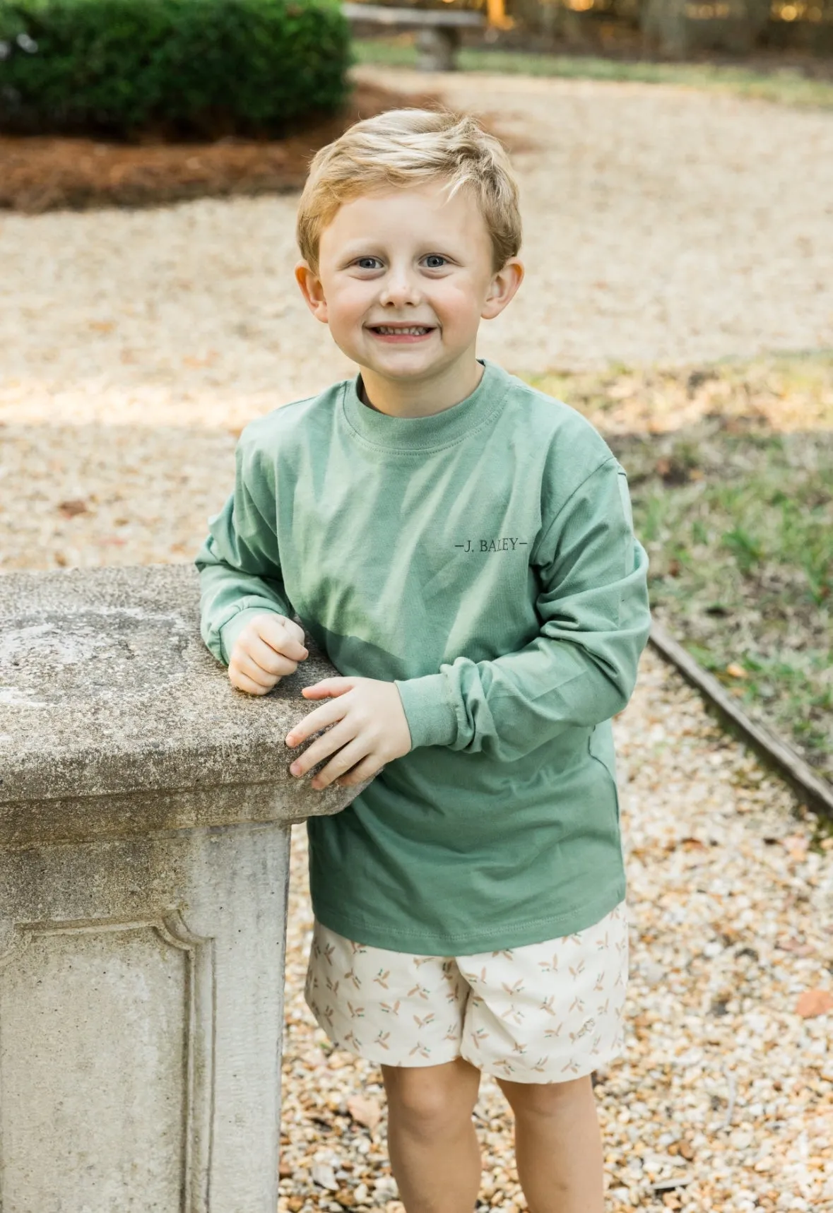 Boys Long Sleeve Logo Tee - Dog in Boat on Green