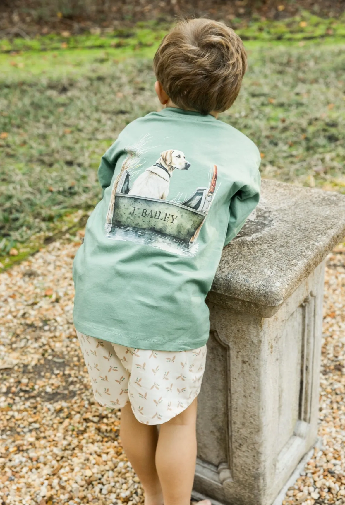 Boys Long Sleeve Logo Tee - Dog in Boat on Green