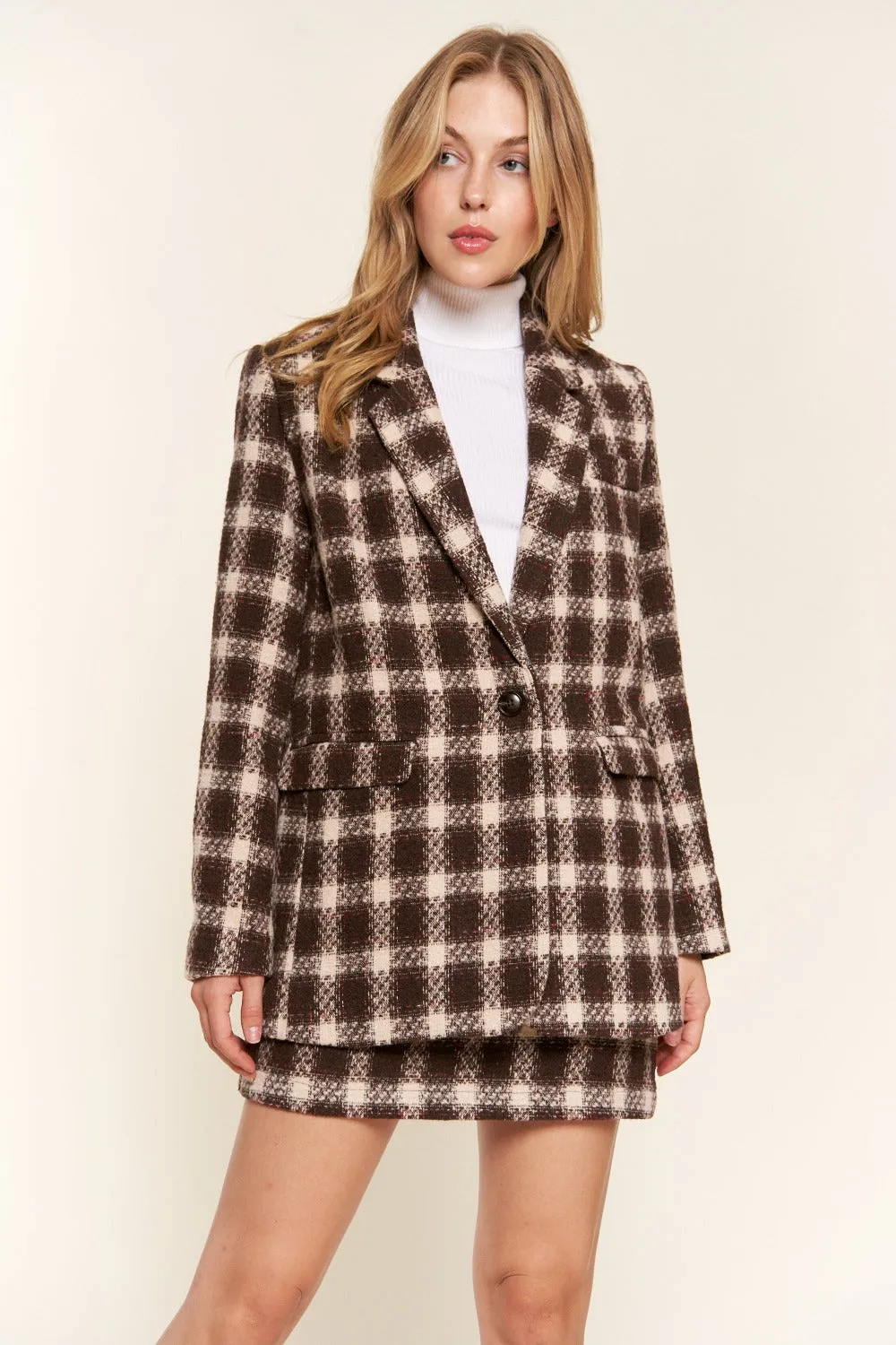 Brown Plaid Brushed One Button Blazer Small to 3XL