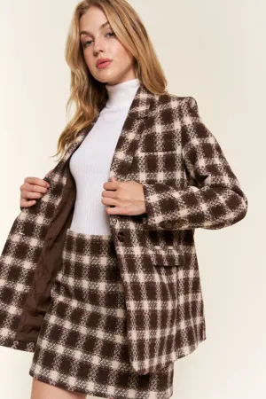 Brown Plaid Brushed One Button Blazer Small to 3XL