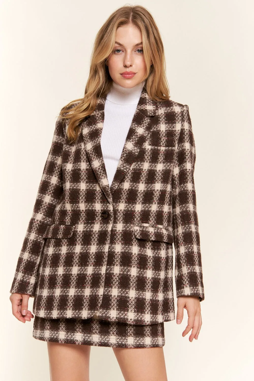 Brown Plaid Brushed One Button Blazer Small to 3XL