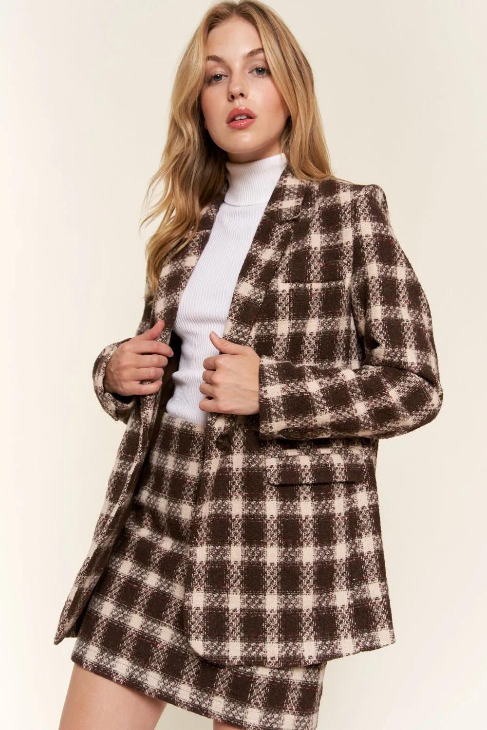 Brown Plaid Brushed One Button Blazer Small to 3XL