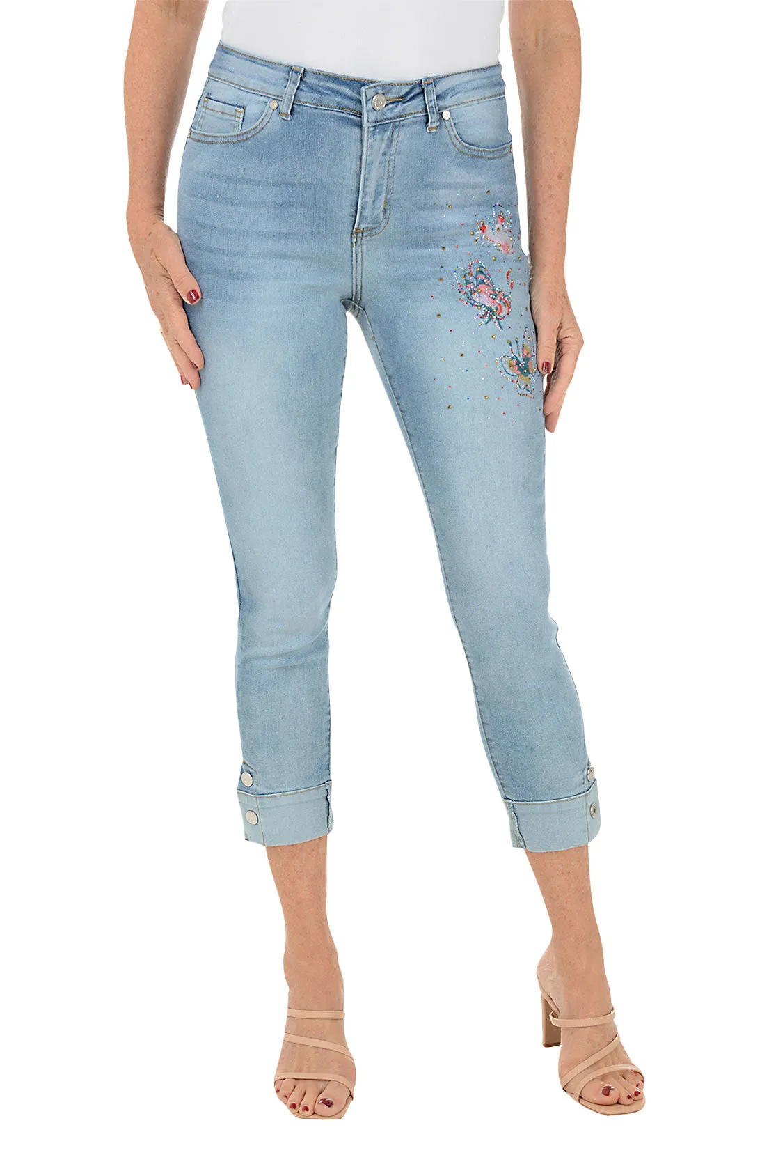 Butterfly Button Hem Denim Crop Pant