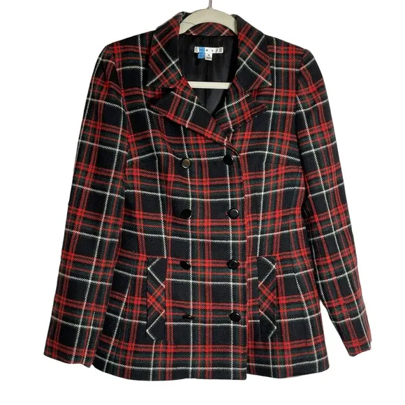 CAbi blazer pea coat double breasted black white red green plaid