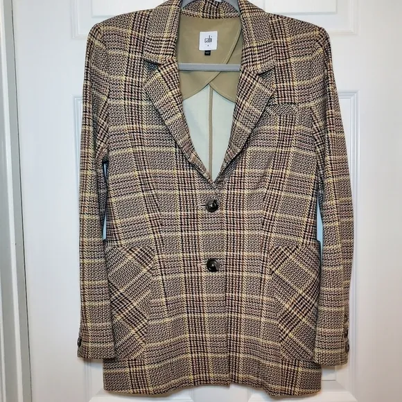 CAbi Pastime Brown and Yellow Houndstooth Plaid Blazer Jacket Sz 4