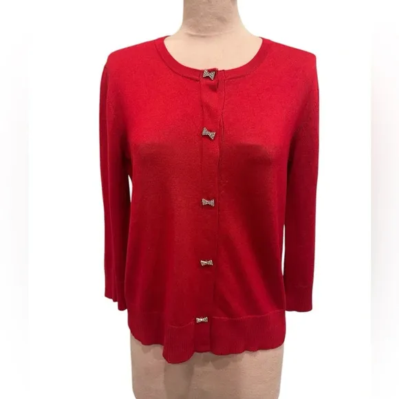 Cable &amp; Gauge Red Silver Bow Tie Holiday Cardigan Festive Sweater Size Medium