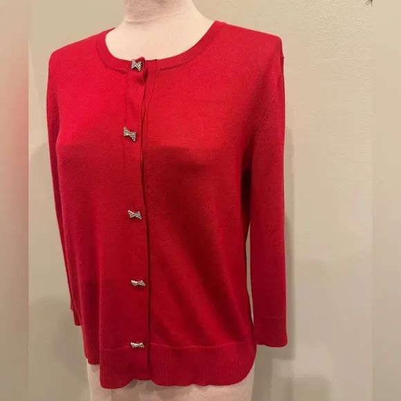 Cable &amp; Gauge Red Silver Bow Tie Holiday Cardigan Festive Sweater Size Medium