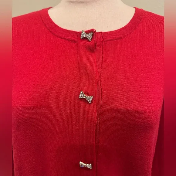 Cable &amp; Gauge Red Silver Bow Tie Holiday Cardigan Festive Sweater Size Medium