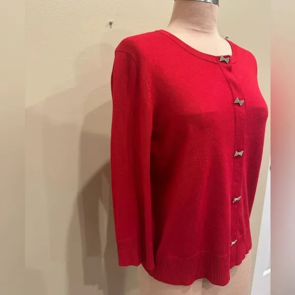 Cable &amp; Gauge Red Silver Bow Tie Holiday Cardigan Festive Sweater Size Medium