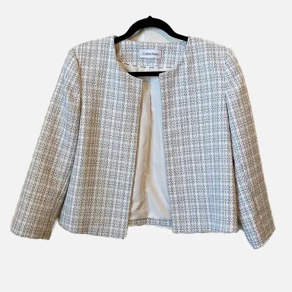 Calvin Klein Open Front Collarless Cropped Blazer Cream/Black Size 10