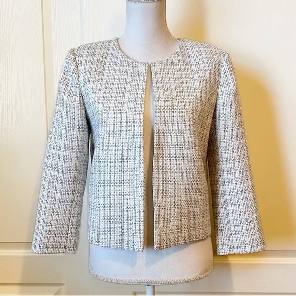 Calvin Klein Open Front Collarless Cropped Blazer Cream/Black Size 10