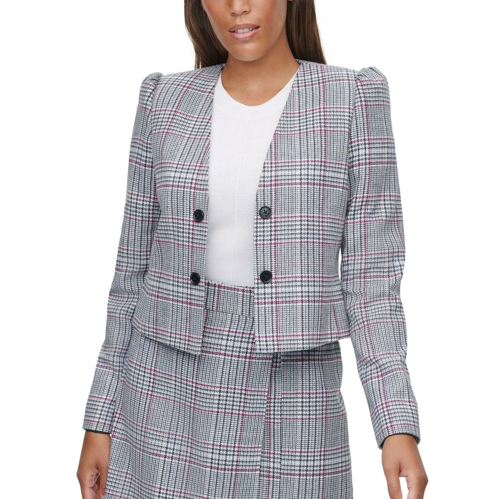Calvin Klein Women's X-Fit Plaid Cropped Blazer Jacket