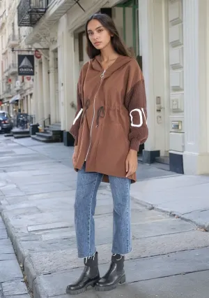Camel Love Knit Sleeves Zipper Drawstring Coat