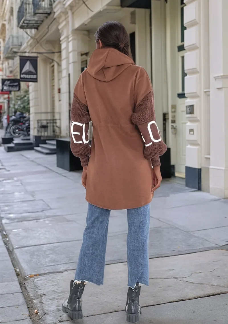 Camel Love Knit Sleeves Zipper Drawstring Coat