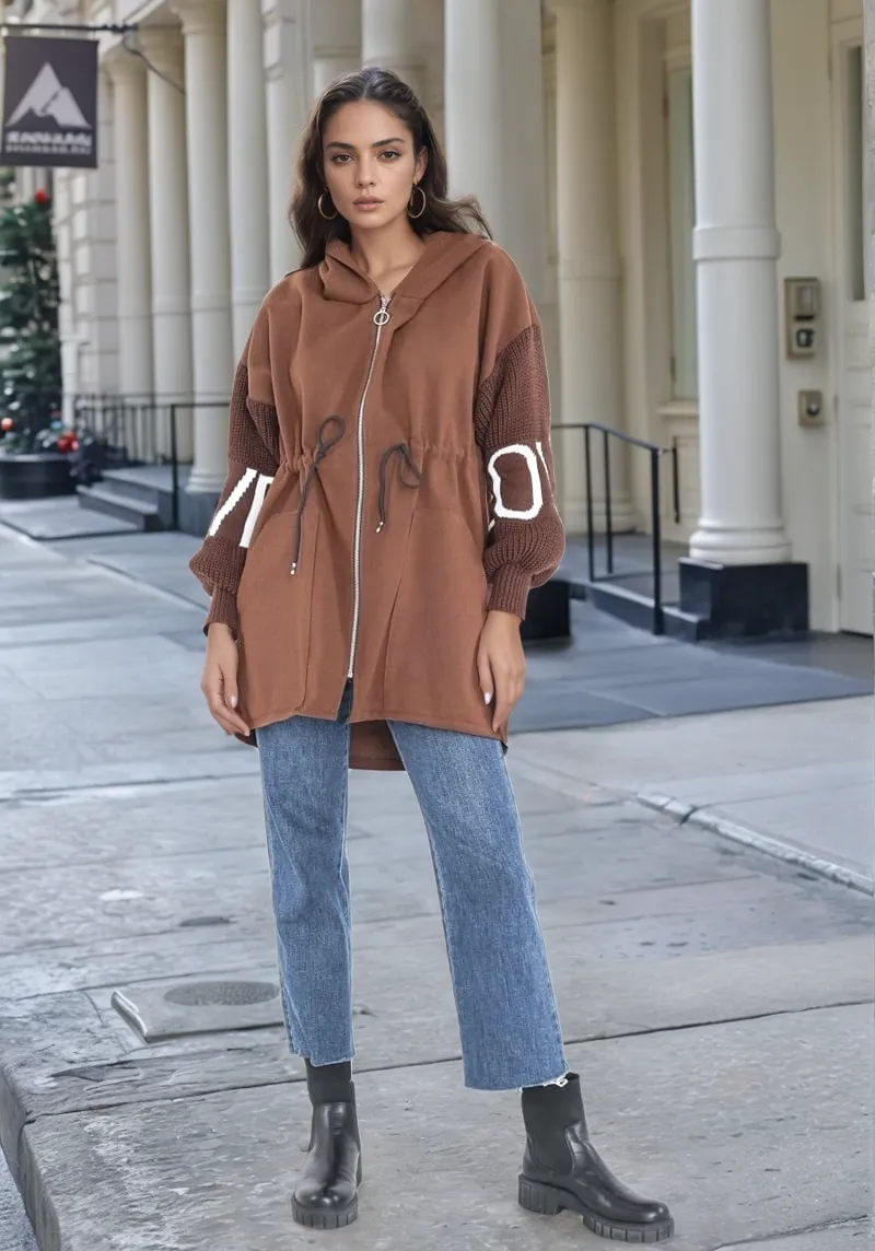 Camel Love Knit Sleeves Zipper Drawstring Coat