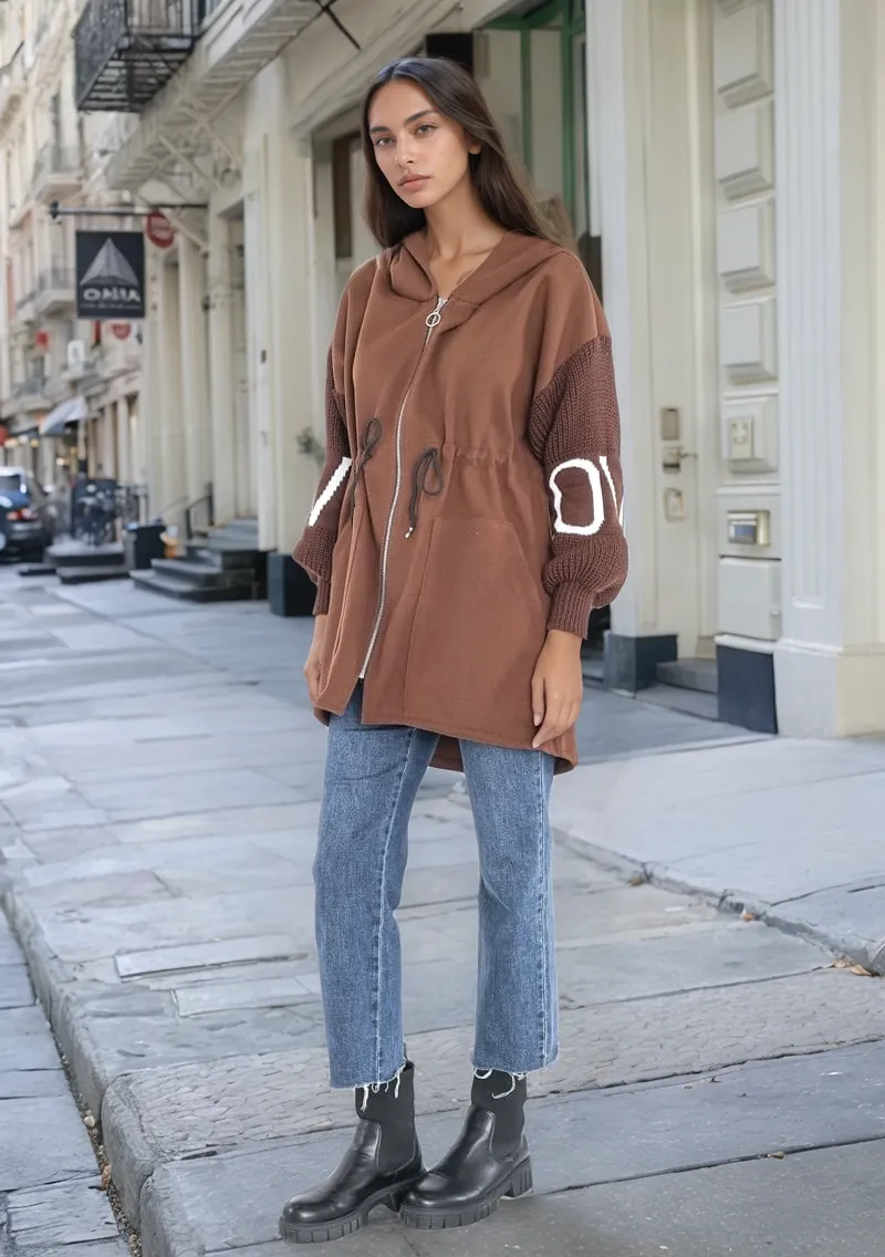 Camel Love Knit Sleeves Zipper Drawstring Coat