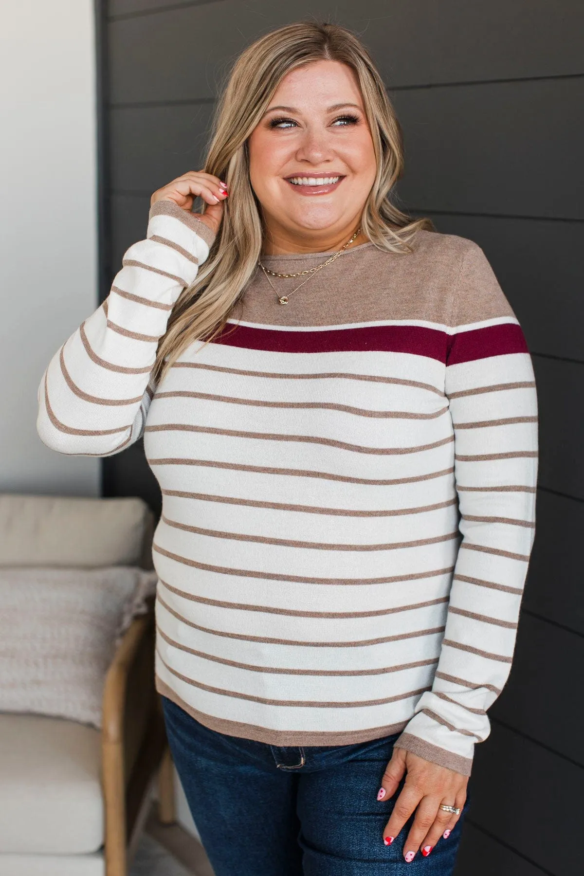 Can't Stay Away Striped Sweater- Burgundy & Taupe