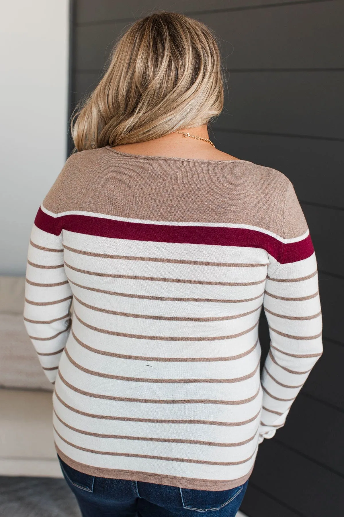 Can't Stay Away Striped Sweater- Burgundy & Taupe