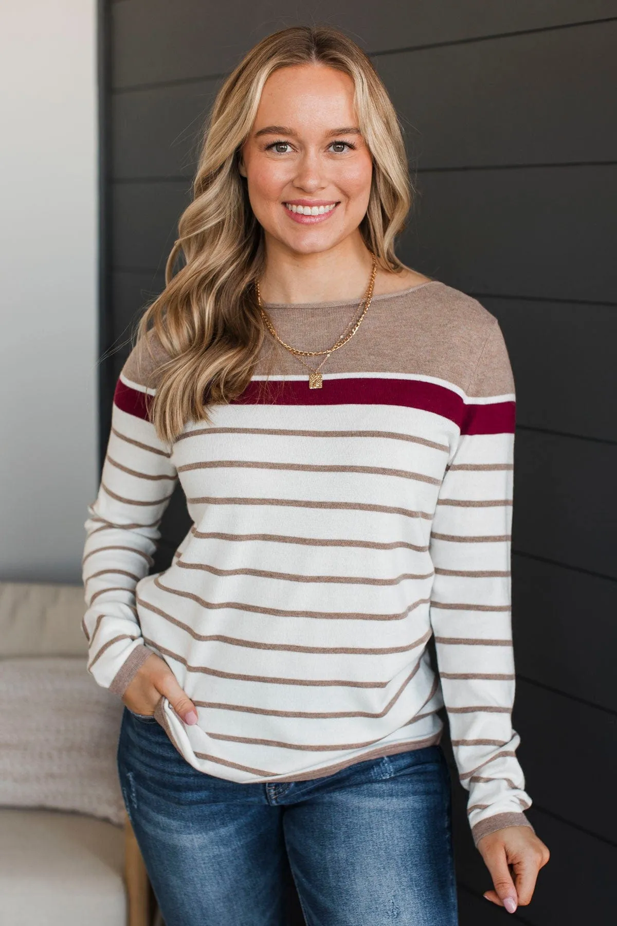 Can't Stay Away Striped Sweater- Burgundy & Taupe