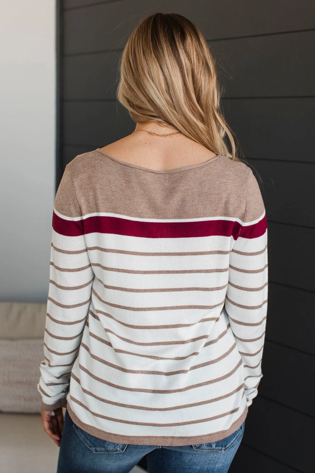 Can't Stay Away Striped Sweater- Burgundy & Taupe
