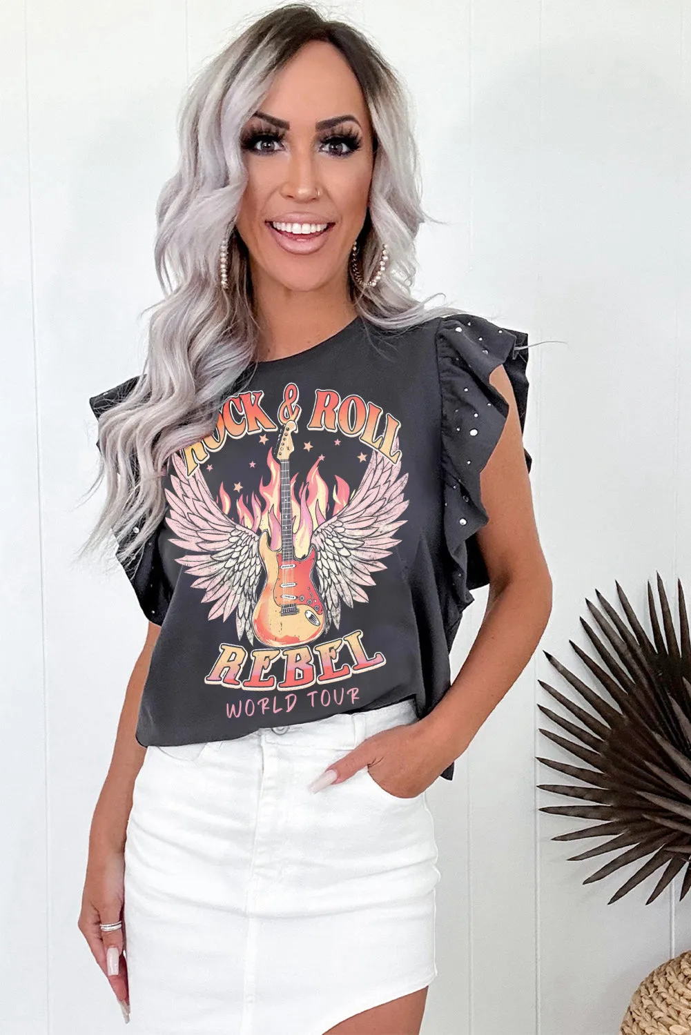 Carbon Grey Rebel Graphic Rhinestone Ruffle Sleeve T Shirt