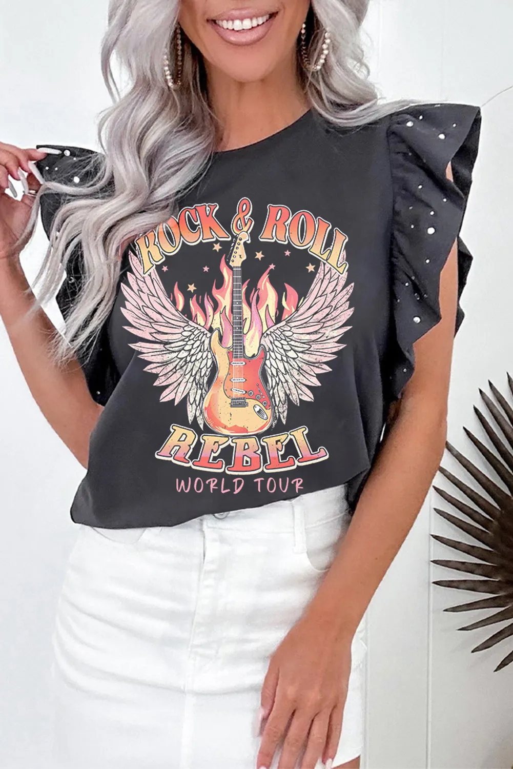 Carbon Grey Rebel Graphic Rhinestone Ruffle Sleeve T Shirt