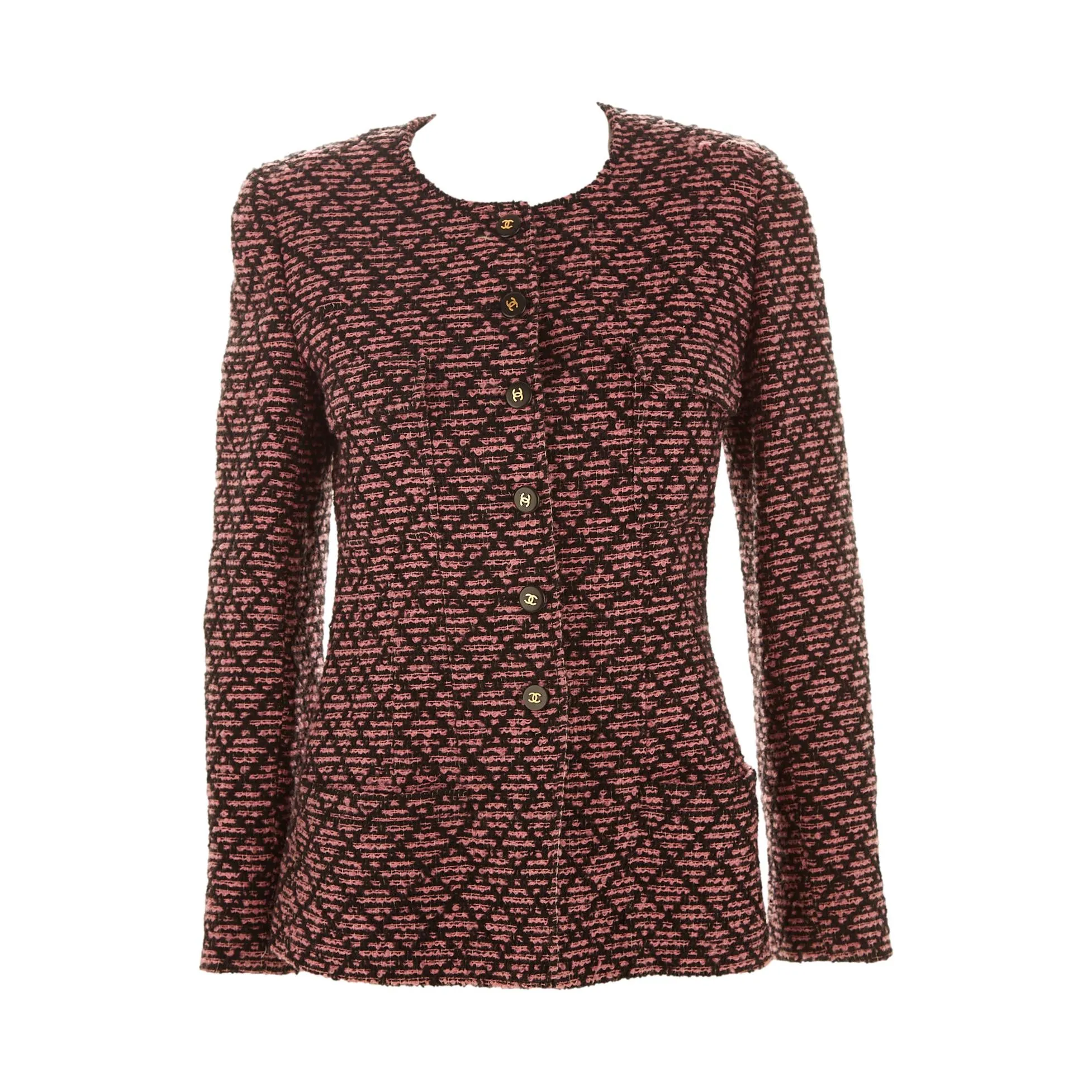 Chanel Pink Plaid Logo Button Blazer