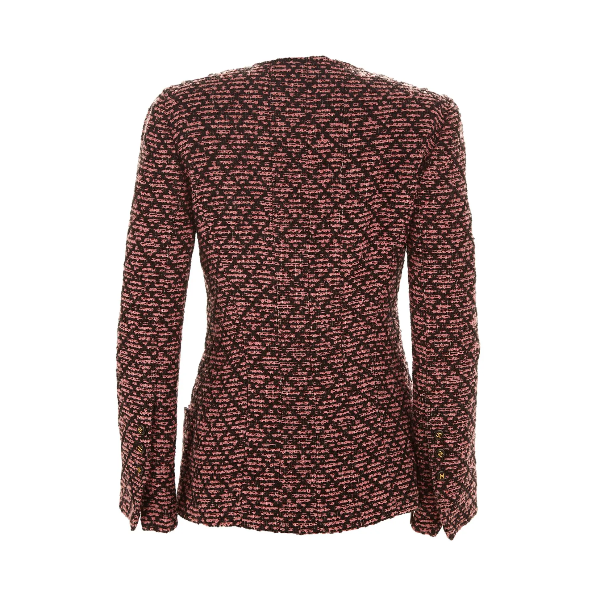 Chanel Pink Plaid Logo Button Blazer