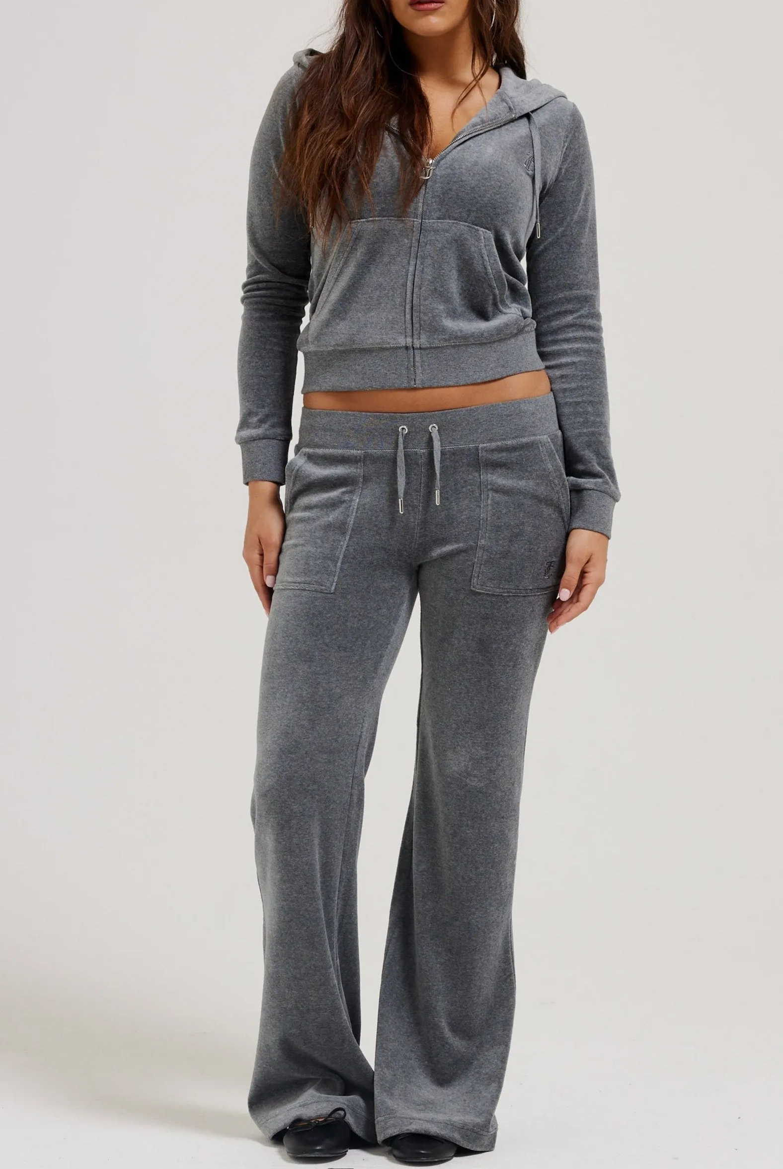 CHARCOAL MARL LOW RISE FLARE COTTON VELOUR TRACK PANT