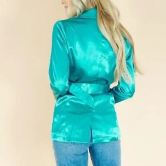 Charlie Holiday Women's Green Satin Belted Double Breasted Quest Blazer sz 4