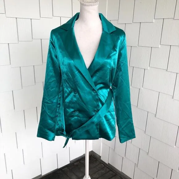 Charlie Holiday Women's Green Satin Belted Double Breasted Quest Blazer sz 4