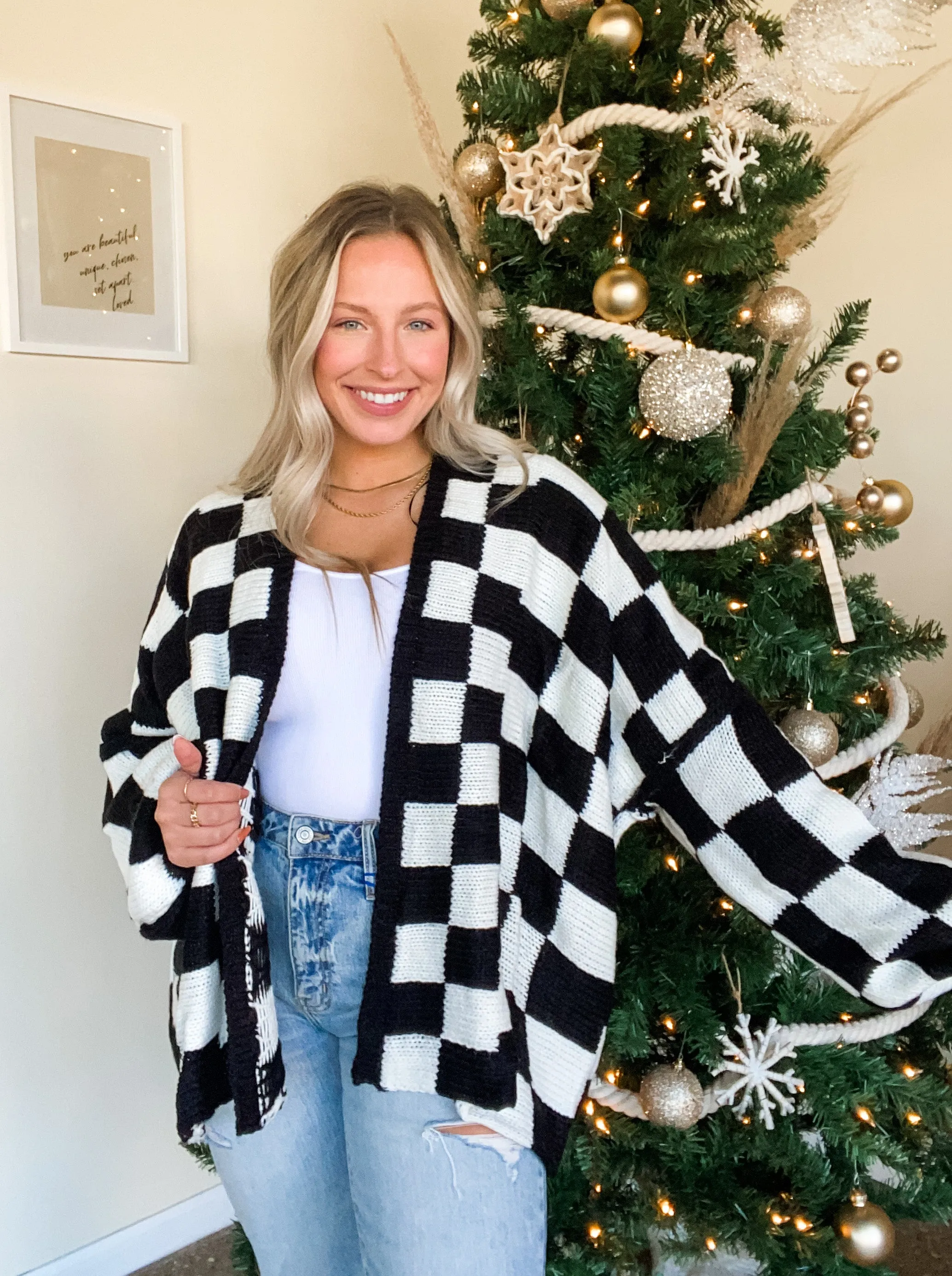 CHECK HER OUT CARDIGAN-BLACK & WHITE