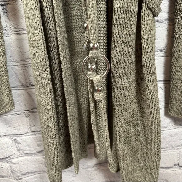 Chico’s Open Front Belted Long Cardigan Sweater Silver Accents Taupe 1/M(8)