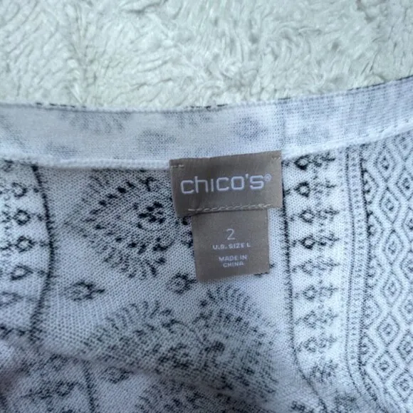Chico's Womens White Black Paisley Print Open Front Cardigan Sweater Size 2 / L