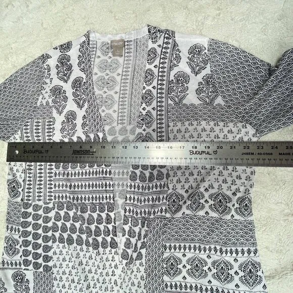Chico's Womens White Black Paisley Print Open Front Cardigan Sweater Size 2 / L