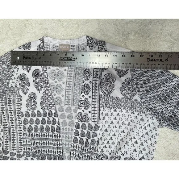 Chico's Womens White Black Paisley Print Open Front Cardigan Sweater Size 2 / L