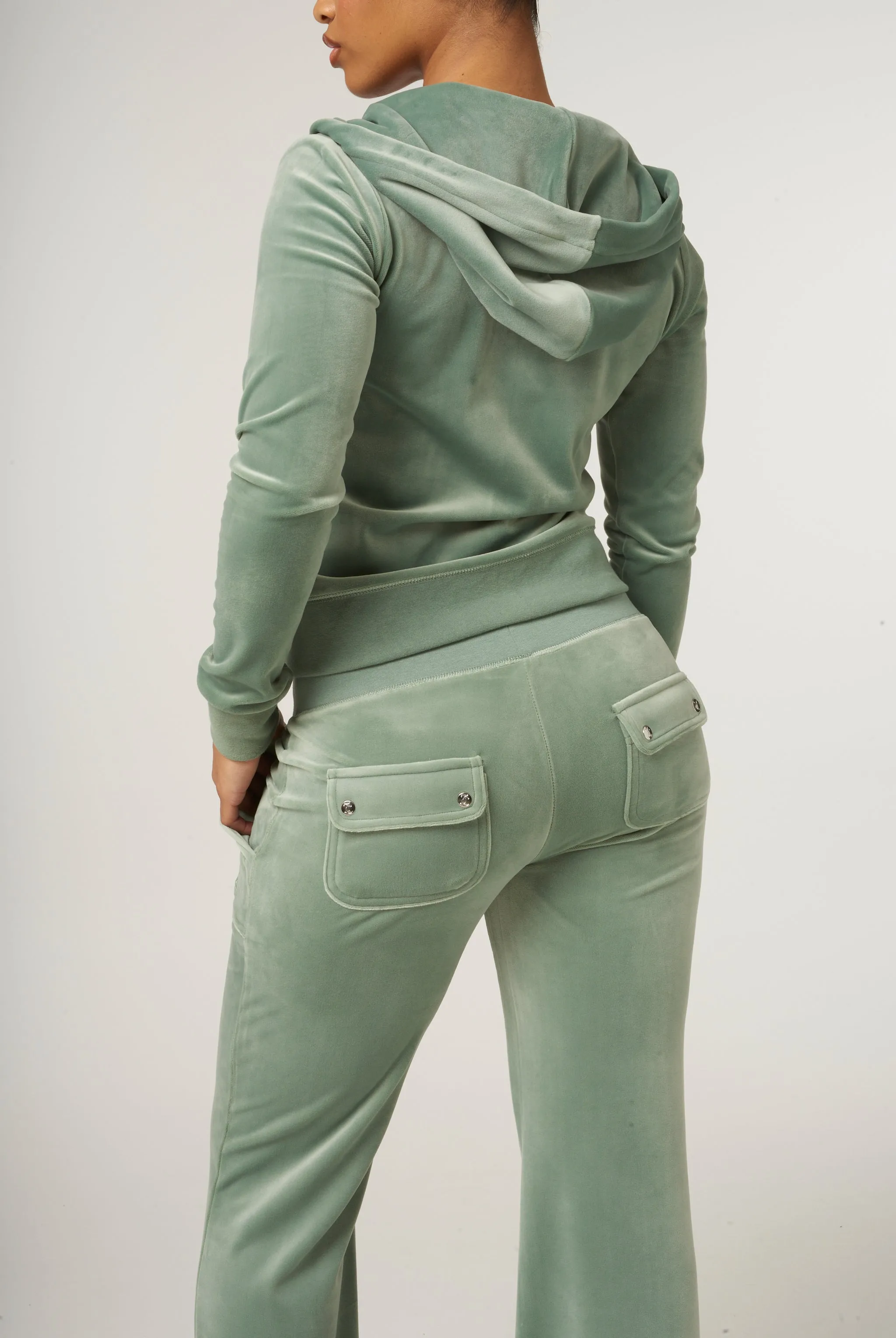 CHINOIS GREEN LOW RISE FLARE CLASSIC VELOUR TRACK PANT