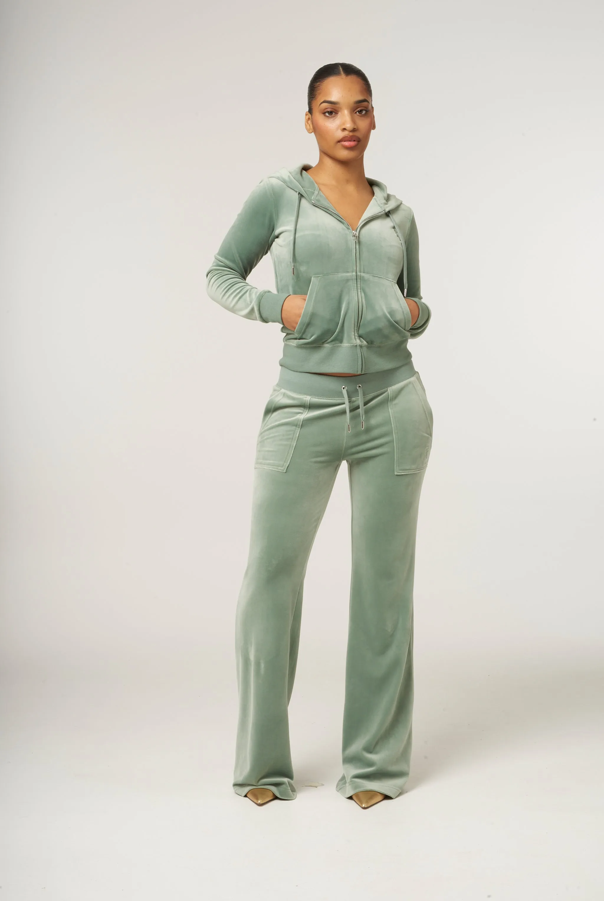 CHINOIS GREEN LOW RISE FLARE CLASSIC VELOUR TRACK PANT