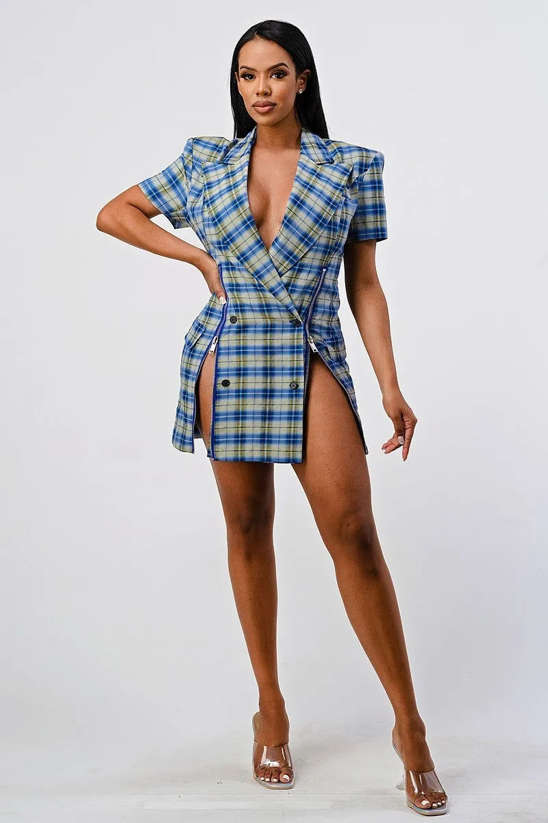 Collared Plaid Blazer Mini Dress with Splits