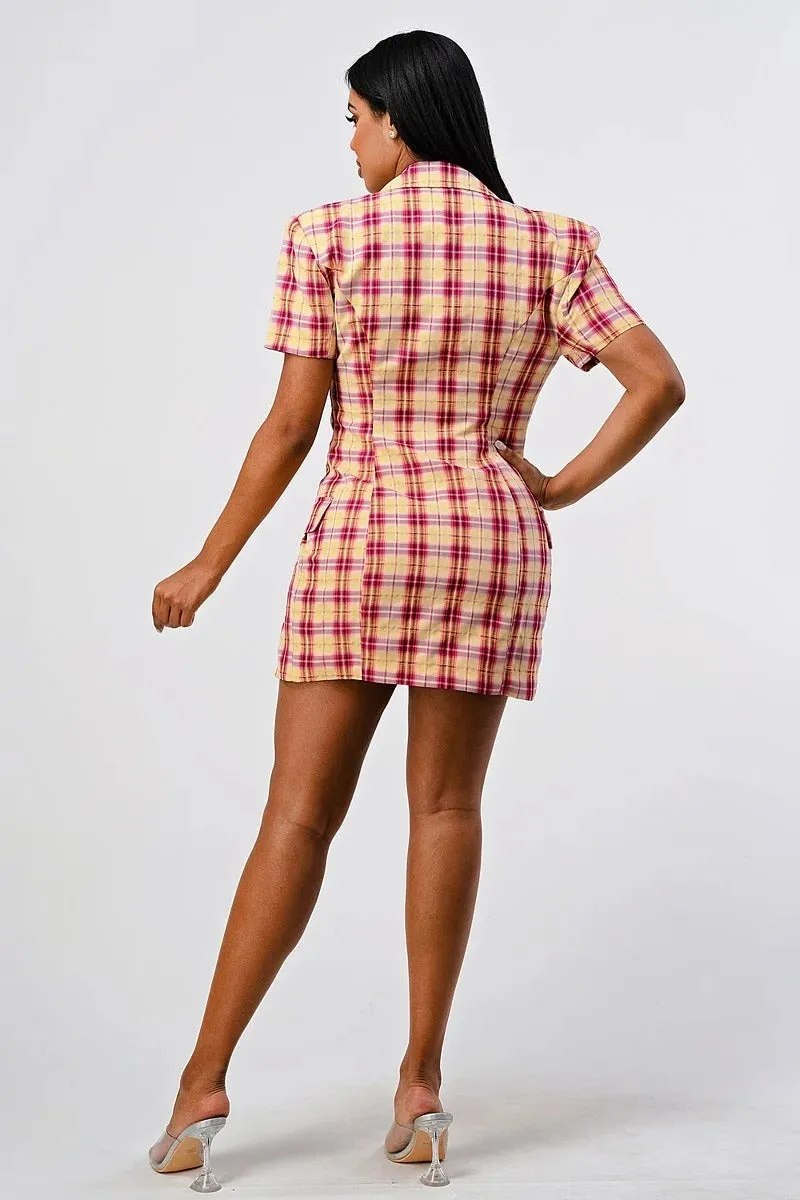 Collared Plaid Blazer Mini Dress with Splits