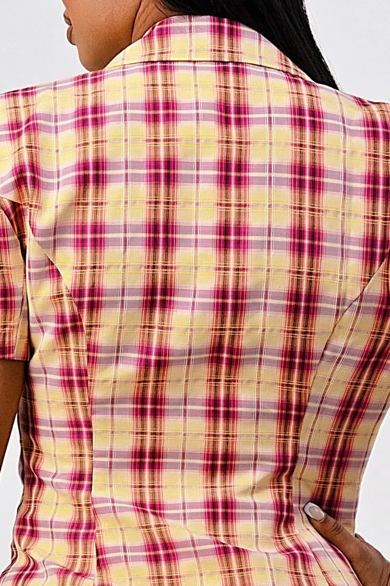 Collared Plaid Blazer Mini Dress with Splits