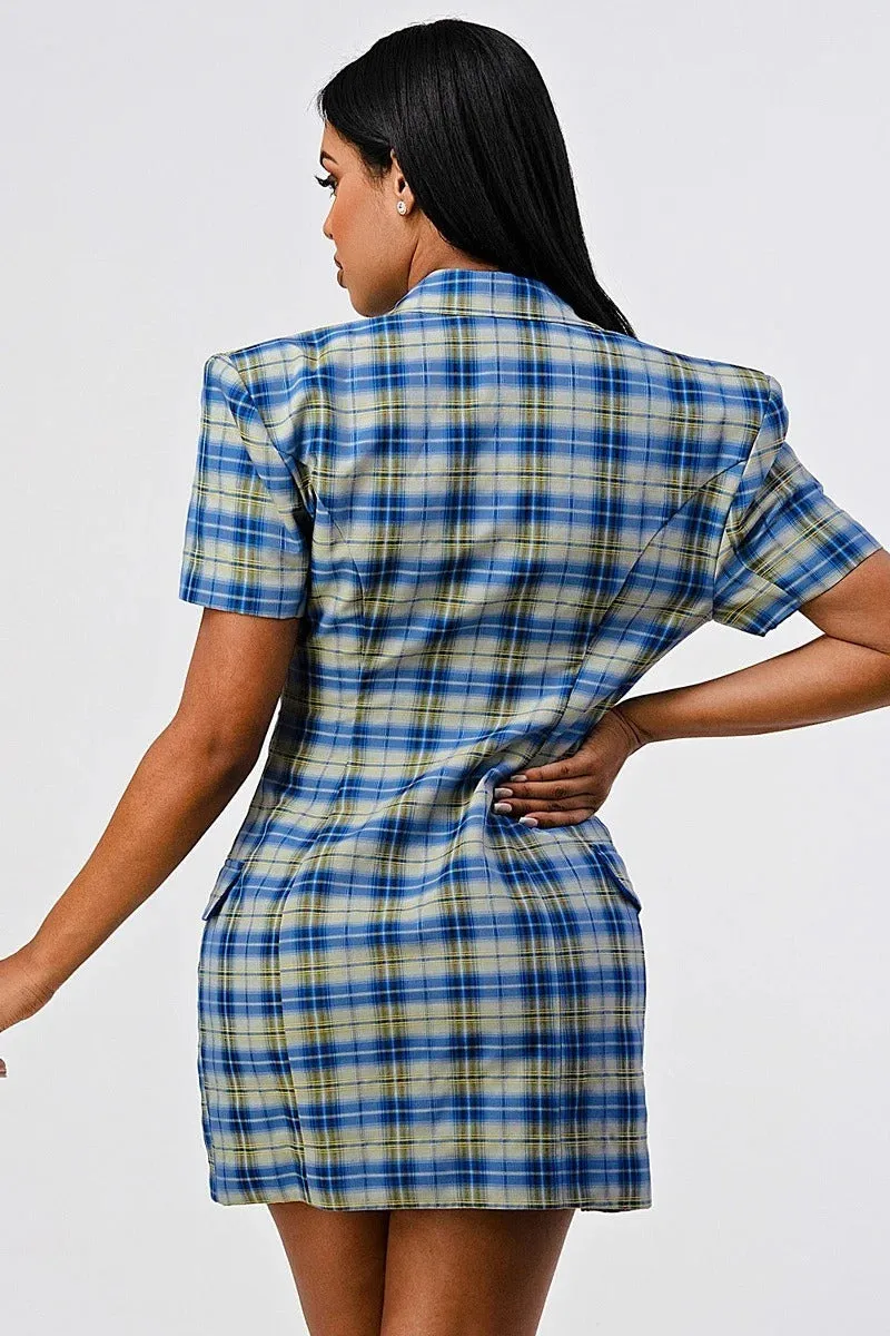 Collared Plaid Blazer Mini Dress with Splits